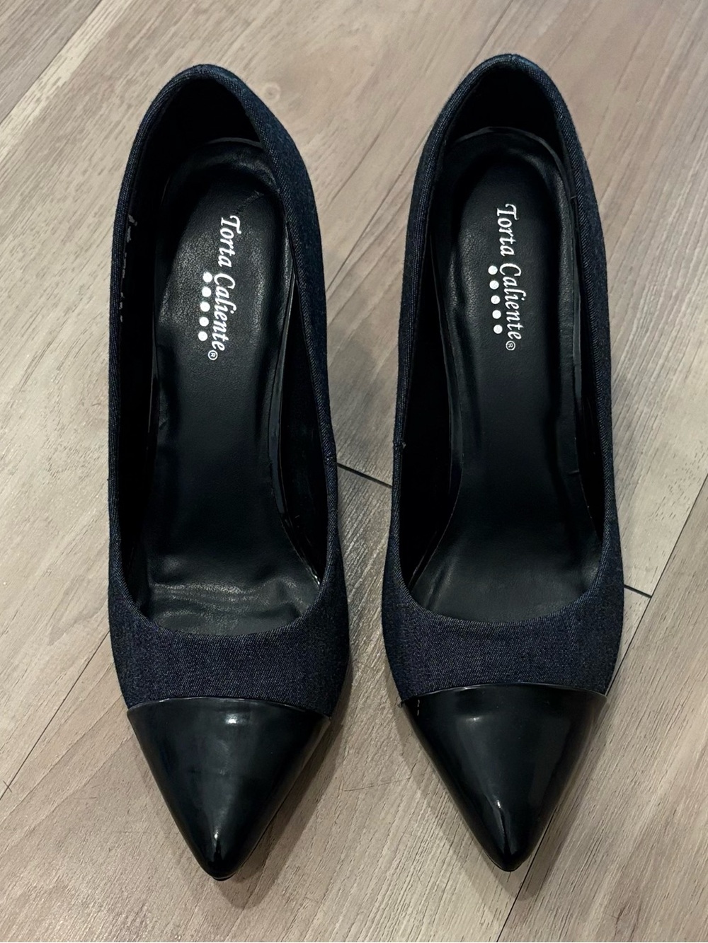 Navy Jean Fabric and Black Patent Pointed Toe Pumps - 8.5